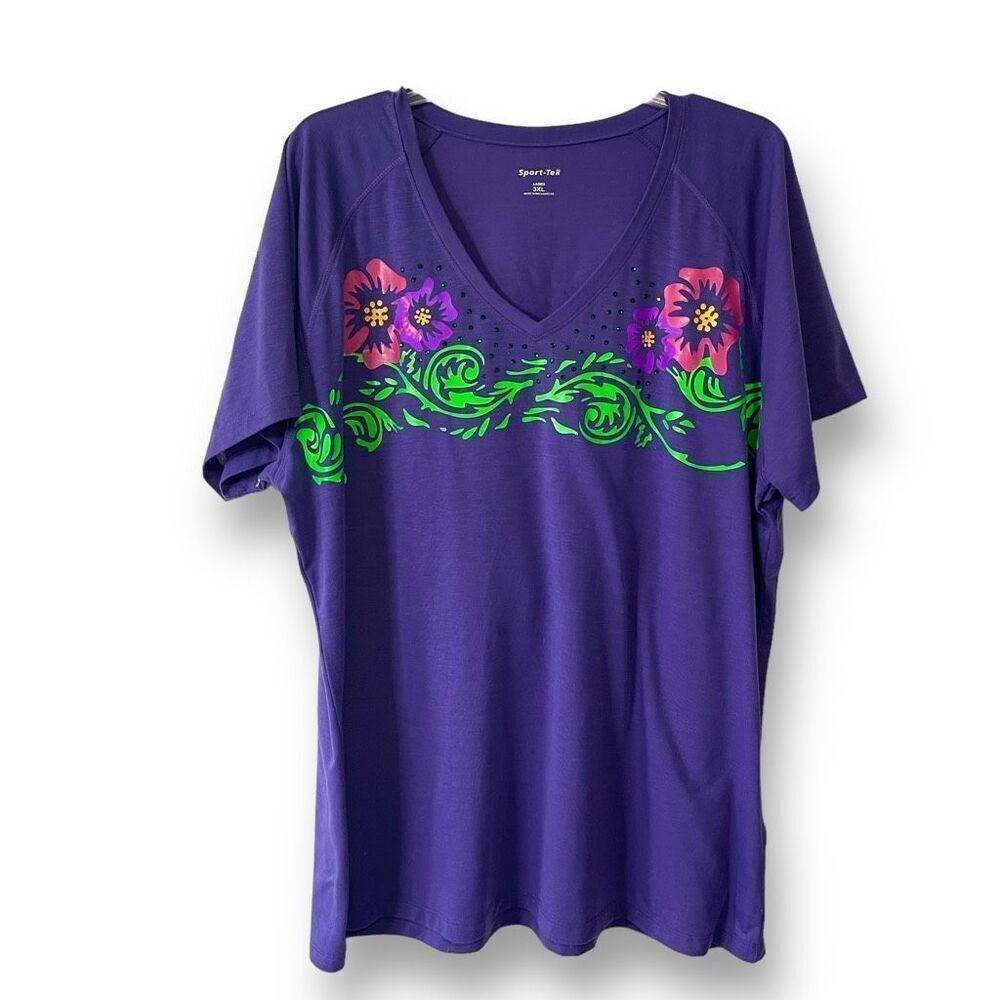 Sport-Tek‎ Women's Floral V-neck Gems Short Sleeve Shirt Purple 3XL